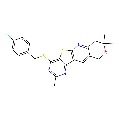 4-[(4-fluorobenzyl)sulfanyl]-2,8,8-trimethyl-7,10-dihydro-8H-pyrano[3'',4'':5',6']pyrido[3',2':4,5]thieno[3,2-d]pyrimidine structure