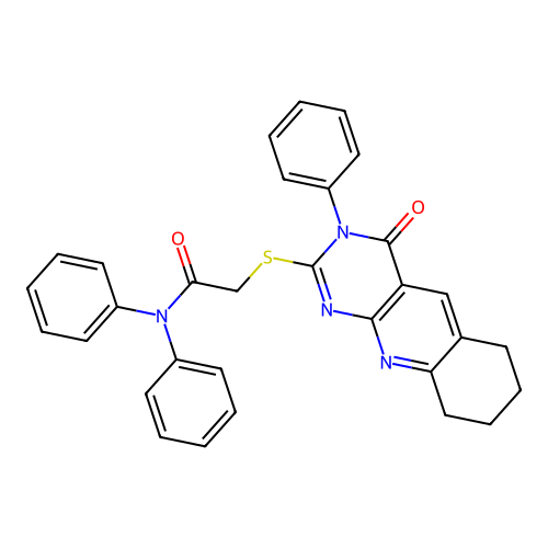2-((4-oxo-3-phenyl-3,4,6,7,8,9-hexahydropyrimido[4,5-b]quinolin-2-yl)thio)-N,N-diphenylacetamide structure