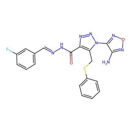 (E)-1-(4-amino-1,2,5-oxadiazol-3-yl)-N'-(3-fluorobenzylidene)-5-((phenylthio)methyl)-1H-1,2,3-triazole-4-carbohydrazide structure