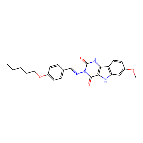(E)-7-methoxy-3-((4-(pentyloxy)benzylidene)amino)-1H-pyrimido[5,4-b]indole-2,4(3H,5H)-dione structure