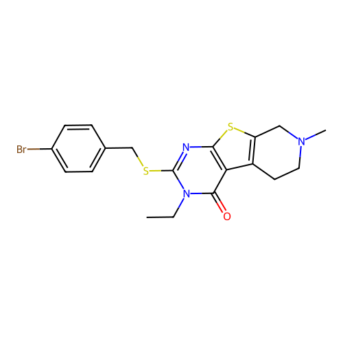 2-((4-bromobenzyl)thio)-3-ethyl-7-methyl-5,6,7,8-tetrahydropyrido[4',3':4,5]thieno[2,3-d]pyrimidin-4(3H)-one structure