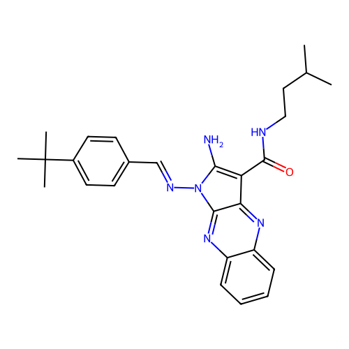 (E)-2-amino-1-((4-(tert-butyl)benzylidene)amino)-N-isopentyl-1H-pyrrolo[2,3-b]quinoxaline-3-carboxamide structure