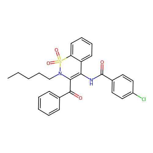 N-(3-benzoyl-1,1-dioxido-2-pentyl-2H-1,2-benzothiazin-4-yl)-4-chlorobenzamide structure