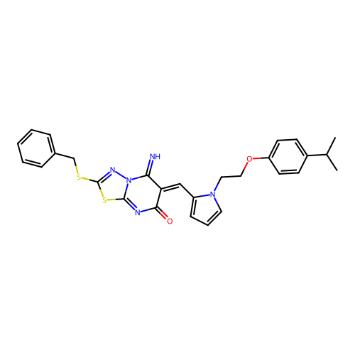 (Z)-2-(benzylthio)-5-imino-6-((1-(2-(4-isopropylphenoxy)ethyl)-1H-pyrrol-2-yl)methylene)-5H-[1,3,4]thiadiazolo[3,2-a]pyrimidin-7(6H)-one structure