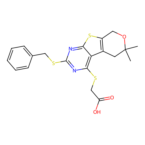 {[2-(benzylsulfanyl)-6,6-dimethyl-5,8-dihydro-6H-pyrano[4',3':4,5]thieno[2,3-d]pyrimidin-4-yl]sulfanyl}acetic acid structure