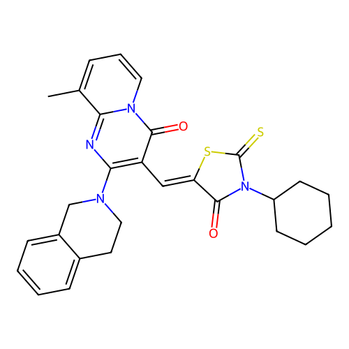 3-[(Z)-(3-cyclohexyl-4-oxo-2-thioxo-1,3-thiazolidin-5-ylidene)methyl]-2-(3,4-dihydroisoquinolin-2(1H)-yl)-9-methyl-4H-pyrido[1,2-a]pyrimidin-4-one structure