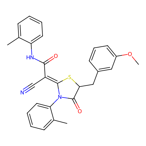 (2Z)-2-cyano-2-[5-(3-methoxybenzyl)-3-(2-methylphenyl)-4-oxo-1,3-thiazolidin-2-ylidene]-N-(2-methylphenyl)ethanamide structure