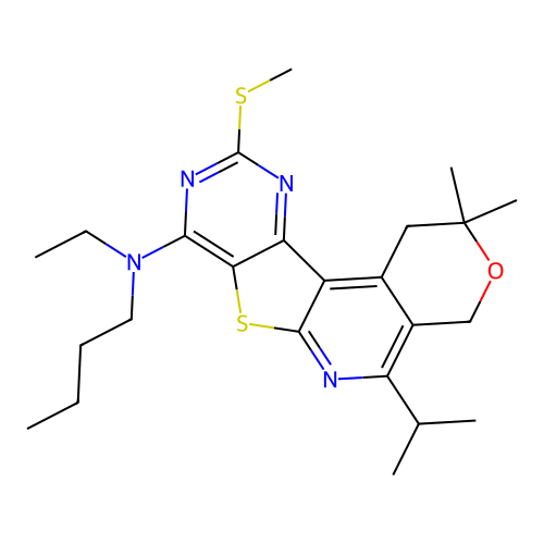 N-butyl-N-ethyl-2,2-dimethyl-10-(methylsulfanyl)-5-(propan-2-yl)-1,4-dihydro-2H-pyrano[4'',3'':4',5']pyrido[3',2':4,5]thieno[3,2-d]pyrimidin-8-amine structure