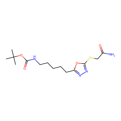 tert-butyl (5-(5-((2-amino-2-oxoethyl)thio)-1,3,4-oxadiazol-2-yl)pentyl)carbamate structure