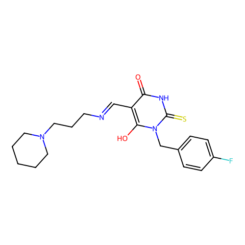 (5E)-1-[(4-fluorophenyl)methyl]-5-[(3-piperidin-1-ylpropylamino)methylidene]-2-sulfanylidene-1,3-diazinane-4,6-dione structure