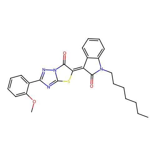 (3Z)-1-heptyl-3-[2-(2-methoxyphenyl)-6-oxo[1,3]thiazolo[3,2-b][1,2,4]triazol-5(6H)-ylidene]-1,3-dihydro-2H-indol-2-one structure