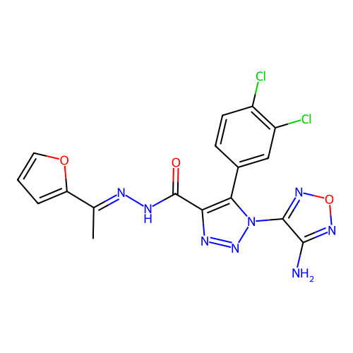 (E)-1-(4-amino-1,2,5-oxadiazol-3-yl)-5-(3,4-dichlorophenyl)-N'-(1-(furan-2-yl)ethylidene)-1H-1,2,3-triazole-4-carbohydrazide structure