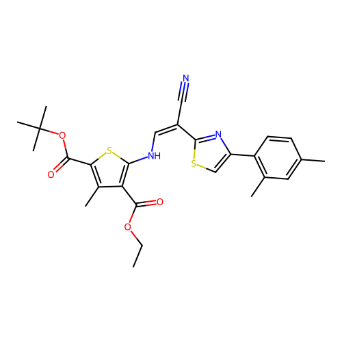 (Z)-2-tert-butyl 4-ethyl 5-((2-cyano-2-(4-(2,4-dimethylphenyl)thiazol-2-yl)vinyl)amino)-3-methylthiophene-2,4-dicarboxylate structure