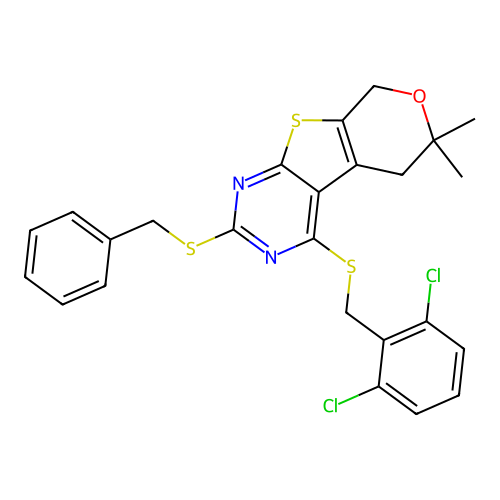 2-(benzylsulfanyl)-4-[(2,6-dichlorobenzyl)sulfanyl]-6,6-dimethyl-5,8-dihydro-6H-pyrano[4',3':4,5]thieno[2,3-d]pyrimidine structure