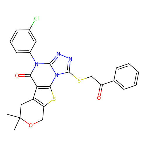 4-(3-chlorophenyl)-7,7-dimethyl-1-((2-oxo-2-phenylethyl)thio)-6,7-dihydro-4H-pyrano[4',3':4,5]thieno[3,2-e][1,2,4]triazolo[4,3-a]pyrimidin-5(9H)-one structure