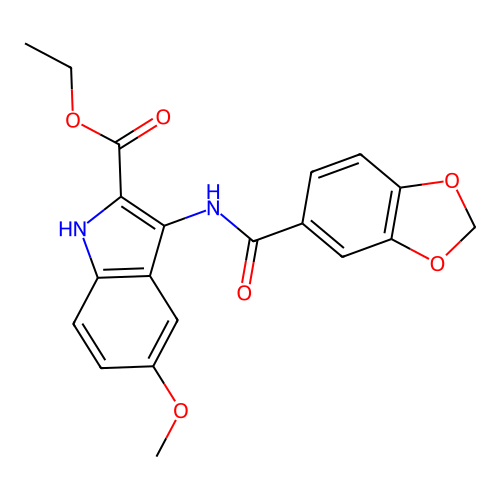 ethyl 3-[(1,3-benzodioxol-5-ylcarbonyl)amino]-5-methoxy-1H-indole-2-carboxylate structure