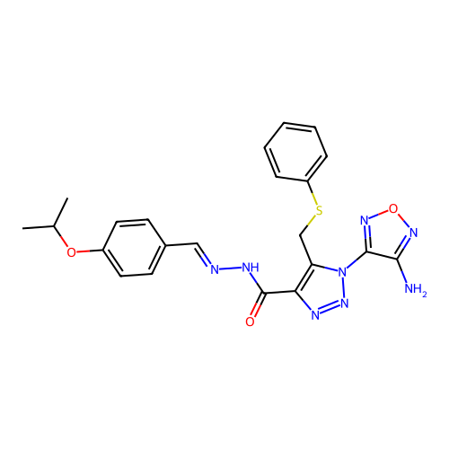 (E)-1-(4-amino-1,2,5-oxadiazol-3-yl)-N'-(4-isopropoxybenzylidene)-5-((phenylthio)methyl)-1H-1,2,3-triazole-4-carbohydrazide structure