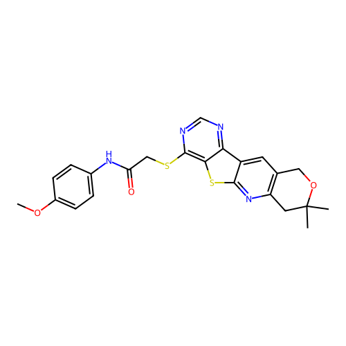 2-[(8,8-dimethyl-7,10-dihydro-8H-pyrano[3'',4'':5',6']pyrido[3',2':4,5]thieno[3,2-d]pyrimidin-4-yl)sulfanyl]-N-(4-methoxyphenyl)acetamide structure
