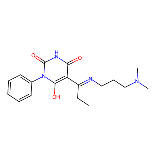 (E)-5-(1-((3-(dimethylamino)propyl)amino)propylidene)-1-phenylpyrimidine-2,4,6(1H,3H,5H)-trione structure