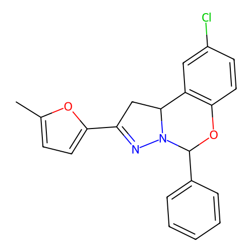 9-chloro-2-(5-methylfuran-2-yl)-5-phenyl-1,10b-dihydropyrazolo[1,5-c][1,3]benzoxazine structure