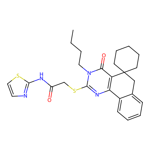 2-((3-butyl-4-oxo-4,6-dihydro-3H-spiro[benzo[h]quinazoline-5,1'-cyclohexan]-2-yl)thio)-N-(thiazol-2-yl)acetamide structure