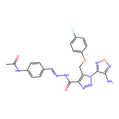 (E)-N-(4-((2-(1-(4-amino-1,2,5-oxadiazol-3-yl)-5-((4-fluorophenoxy)methyl)-1H-1,2,3-triazole-4-carbonyl)hydrazono)methyl)phenyl)acetamide structure