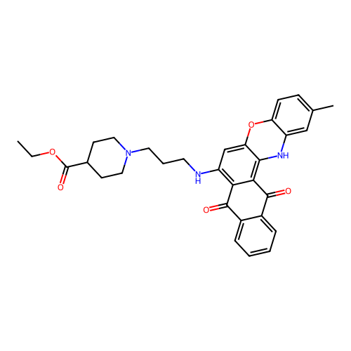 ethyl 1-(3-((2-methyl-8,13-dioxo-13,14-dihydro-8H-naphtho[2,3-a]phenoxazin-7-yl)amino)propyl)piperidine-4-carboxylate structure