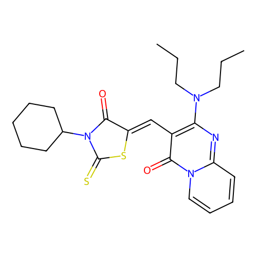 3-[(Z)-(3-cyclohexyl-4-oxo-2-thioxo-1,3-thiazolidin-5-ylidene)methyl]-2-(dipropylamino)-4H-pyrido[1,2-a]pyrimidin-4-one structure