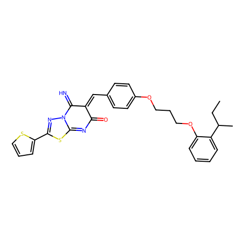 (Z)-6-(4-(3-(2-(sec-butyl)phenoxy)propoxy)benzylidene)-5-imino-2-(thiophen-2-yl)-5H-[1,3,4]thiadiazolo[3,2-a]pyrimidin-7(6H)-one structure