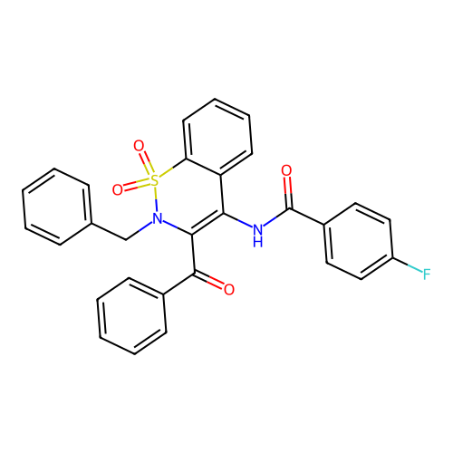 N-(3-benzoyl-2-benzyl-1,1-dioxido-2H-1,2-benzothiazin-4-yl)-4-fluorobenzamide structure