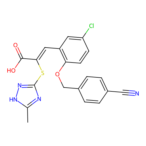 (2Z)-3-{5-chloro-2-[(4-cyanobenzyl)oxy]phenyl}-2-[(5-methyl-4H-1,2,4-triazol-3-yl)sulfanyl]prop-2-enoic acid structure