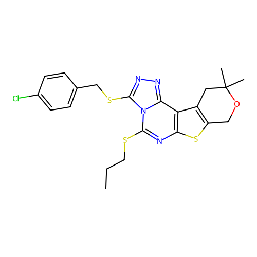 3-[(4-chlorobenzyl)sulfanyl]-10,10-dimethyl-5-(propylsulfanyl)-10,11-dihydro-8H-pyrano[4',3':4,5]thieno[3,2-e][1,2,4]triazolo[4,3-c]pyrimidine structure