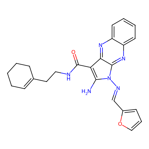 (E)-2-amino-N-(2-(cyclohex-1-en-1-yl)ethyl)-1-((furan-2-ylmethylene)amino)-1H-pyrrolo[2,3-b]quinoxaline-3-carboxamide structure