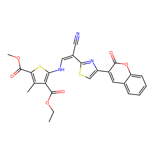 (Z)-4-ethyl 2-methyl 5-((2-cyano-2-(4-(2-oxo-2H-chromen-3-yl)thiazol-2-yl)vinyl)amino)-3-methylthiophene-2,4-dicarboxylate structure