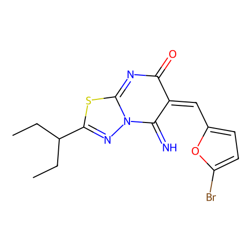 (E)-6-((5-bromofuran-2-yl)methylene)-5-imino-2-(pentan-3-yl)-5H-[1,3,4]thiadiazolo[3,2-a]pyrimidin-7(6H)-one structure