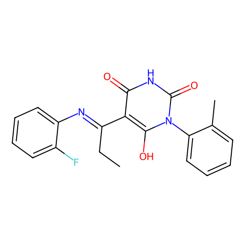 (5E)-5-[1-(2-fluoroanilino)propylidene]-1-(2-methylphenyl)-1,3-diazinane-2,4,6-trione structure