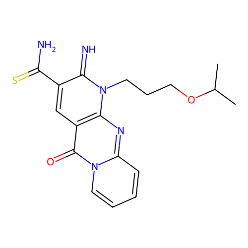 2-imino-1-(3-isopropoxypropyl)-5-oxo-1,5-dihydro-2H-dipyrido[1,2-a:2,3-d]pyrimidine-3-carbothioamide structure