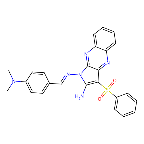 (E)-N1-(4-(dimethylamino)benzylidene)-3-(phenylsulfonyl)-1H-pyrrolo[2,3-b]quinoxaline-1,2-diamine structure