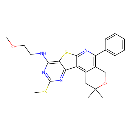 N-(2-methoxyethyl)-2,2-dimethyl-10-(methylsulfanyl)-5-phenyl-1,4-dihydro-2H-pyrano[4'',3'':4',5']pyrido[3',2':4,5]thieno[3,2-d]pyrimidin-8-amine structure