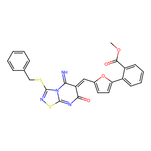 (Z)-methyl 2-(5-((3-(benzylthio)-5-imino-7-oxo-5H-[1,2,4]thiadiazolo[4,5-a]pyrimidin-6(7H)-ylidene)methyl)furan-2-yl)benzoate structure