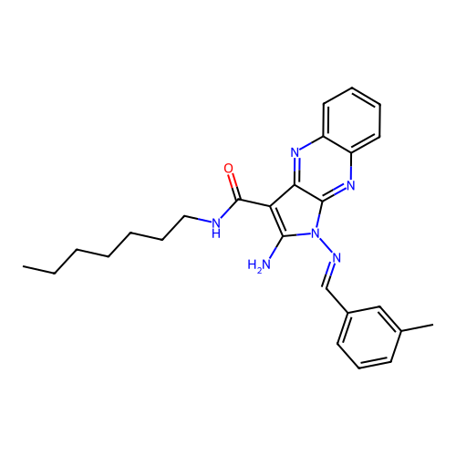 (E)-2-amino-N-heptyl-1-((3-methylbenzylidene)amino)-1H-pyrrolo[2,3-b]quinoxaline-3-carboxamide structure