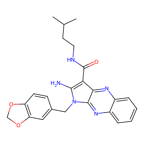 2-amino-1-(1,3-benzodioxol-5-ylmethyl)-N-(3-methylbutyl)-1H-pyrrolo[2,3-b]quinoxaline-3-carboxamide structure