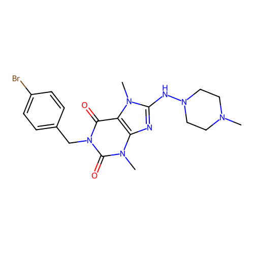 1-[(4-bromophenyl)methyl]-3,7-dimethyl-8-[(4-methylpiperazin-1-yl)amino]purine-2,6-dione structure