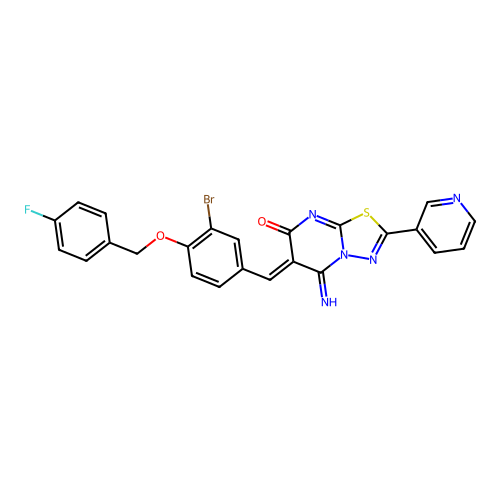 (Z)-6-(3-bromo-4-((4-fluorobenzyl)oxy)benzylidene)-5-imino-2-(pyridin-3-yl)-5H-[1,3,4]thiadiazolo[3,2-a]pyrimidin-7(6H)-one structure