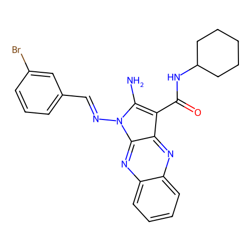 (E)-2-amino-1-((3-bromobenzylidene)amino)-N-cyclohexyl-1H-pyrrolo[2,3-b]quinoxaline-3-carboxamide structure