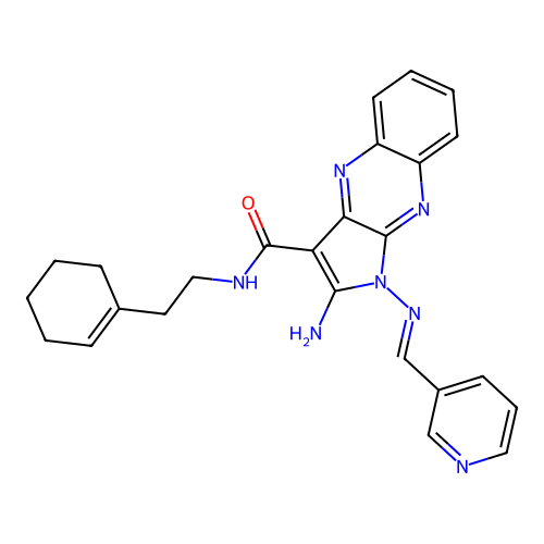 (E)-2-amino-N-(2-(cyclohex-1-en-1-yl)ethyl)-1-((pyridin-3-ylmethylene)amino)-1H-pyrrolo[2,3-b]quinoxaline-3-carboxamide structure