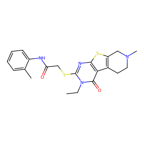 2-((3-ethyl-7-methyl-4-oxo-3,4,5,6,7,8-hexahydropyrido[4',3':4,5]thieno[2,3-d]pyrimidin-2-yl)thio)-N-(o-tolyl)acetamide structure