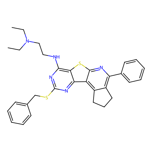 N'-[9-(benzylsulfanyl)-4-phenyl-2,3-dihydro-1H-cyclopenta[4',5']pyrido[3',2':4,5]thieno[3,2-d]pyrimidin-7-yl]-N,N-diethylethane-1,2-diamine structure