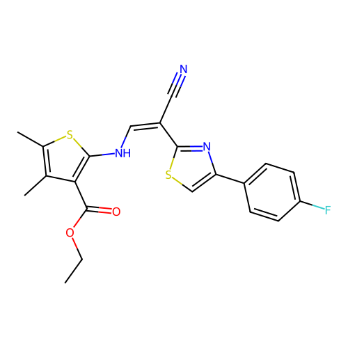(Z)-ethyl 2-((2-cyano-2-(4-(4-fluorophenyl)thiazol-2-yl)vinyl)amino)-4,5-dimethylthiophene-3-carboxylate structure