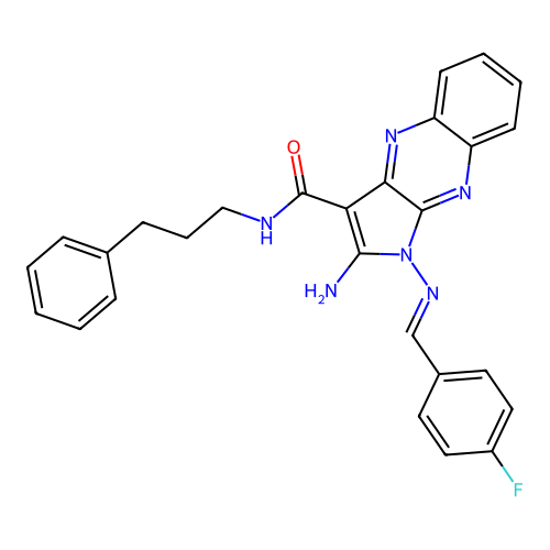(E)-2-amino-1-((4-fluorobenzylidene)amino)-N-(3-phenylpropyl)-1H-pyrrolo[2,3-b]quinoxaline-3-carboxamide structure